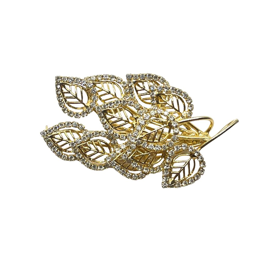 Leaf Brooch Pin Vintage Gold Tone Rhinestone Crystals Retro Women's Statement